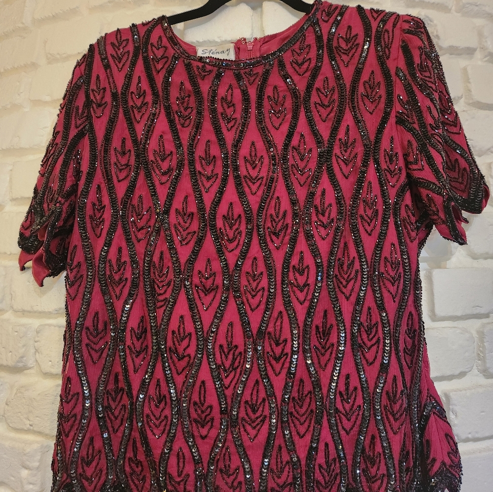 Vintage Stenay Wine And Black Beaded 100% Silk Top